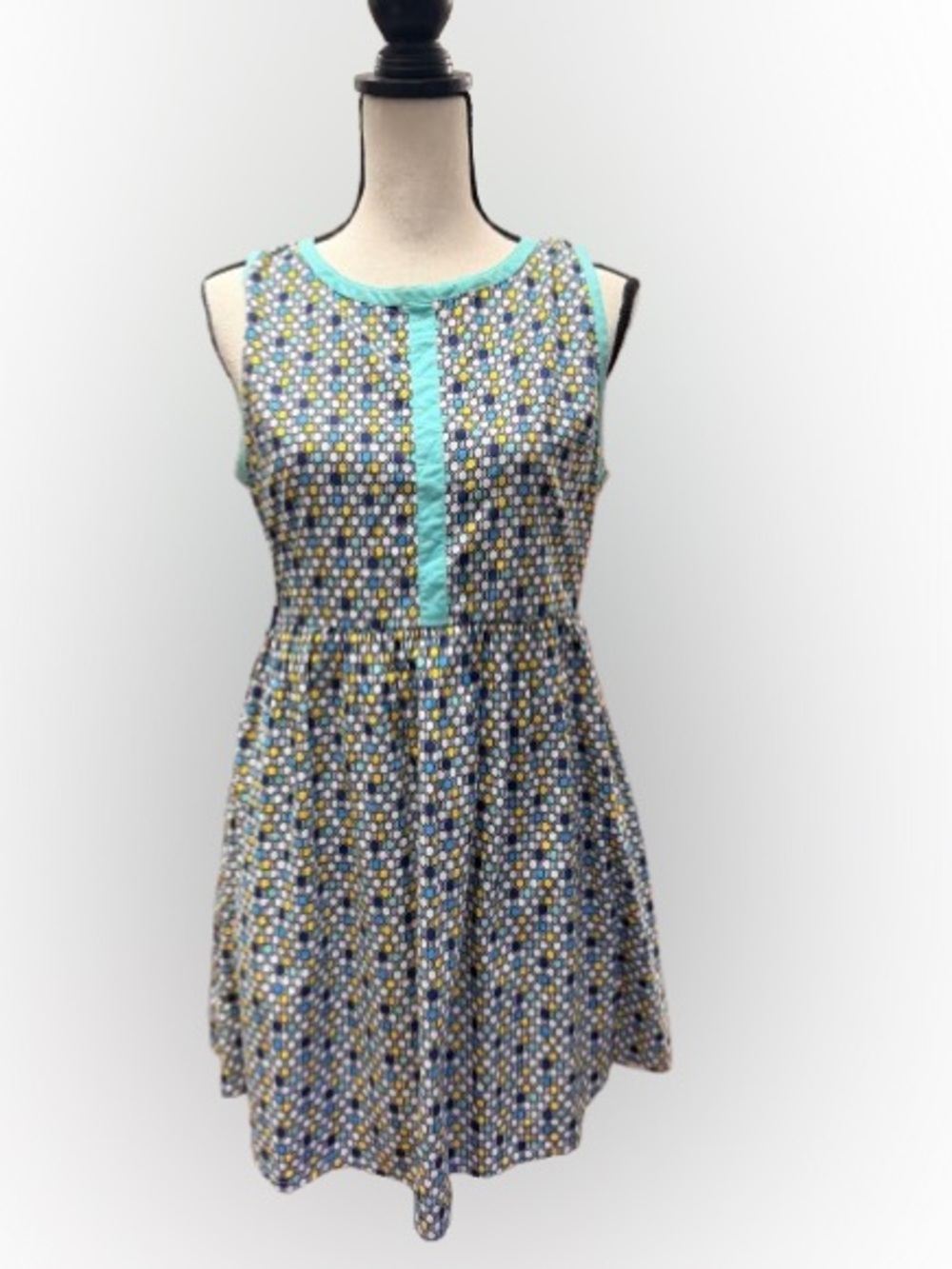 Mata Traders Fair Trade Cotton Geometric Print Dress Blue Yellow Sleeveless LG